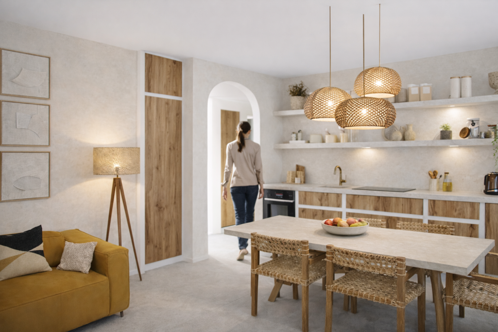 Cuisine Parc Montrose, Cannes Cuisine moderne lumineuse avec un espace salon, table en bois et suspensions dorées.