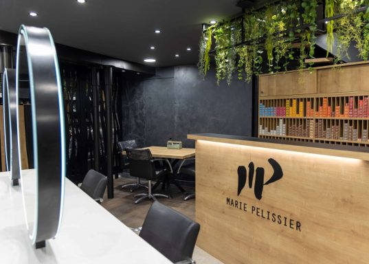 Salon de coiffure moderne avec un comptoir en bois et des plantes suspendues.