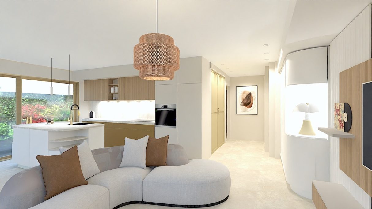 3 pièces Le Wiosna, Cannes Intérieur moderne d'un salon lumineux avec canapé, cuisine et décoration élégante.