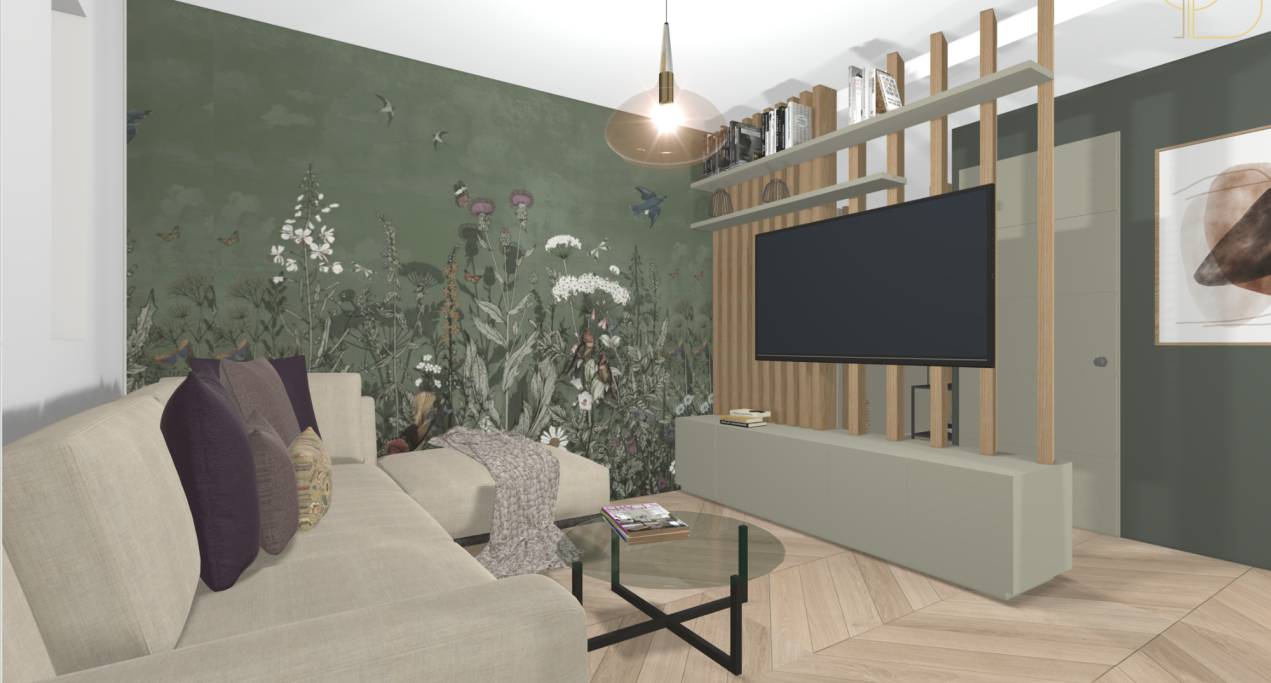 3 pièces, Cannes Marina, Mandelieu Salon moderne avec des murs verts, canapé beige, et TV sur un support design.