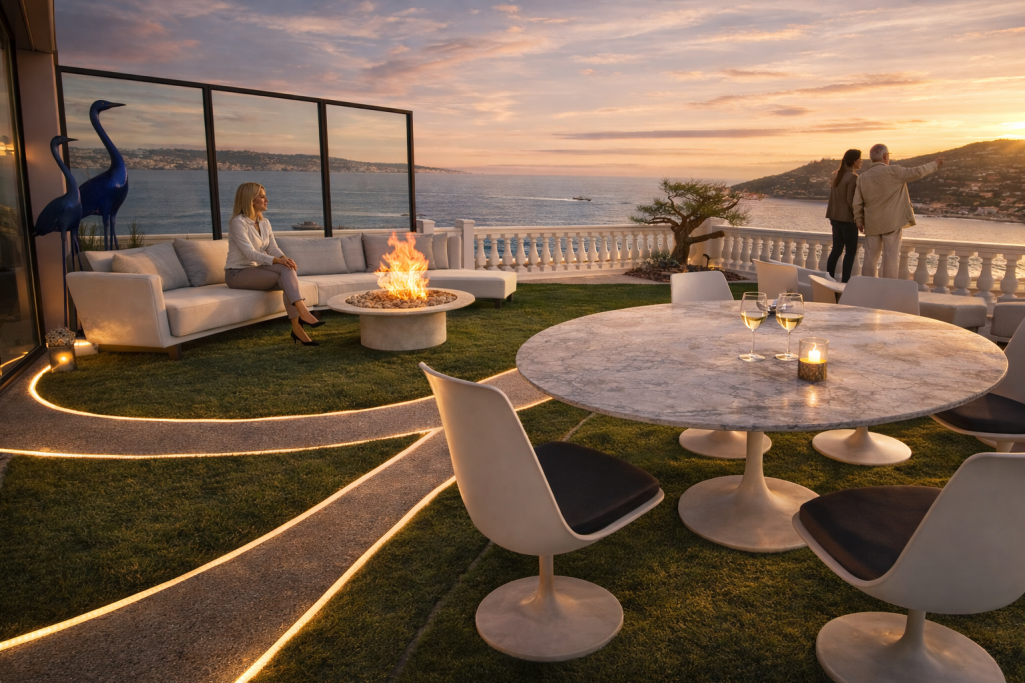Terrasse Théoule Terrasse élégante au coucher de soleil avec salon, table ronde et feu de camp.