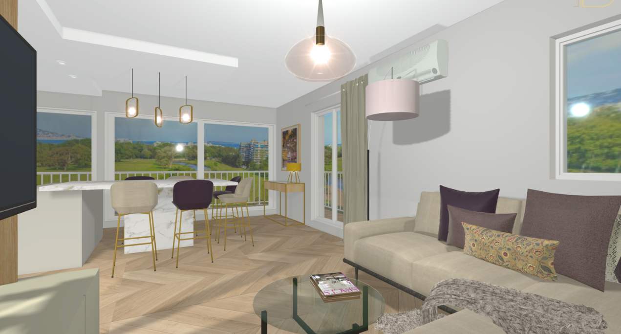 3 pièces, Cannes Marina, Mandelieu Salon moderne avec canapé, table à manger, lumière naturelle et vue sur l'extérieur.