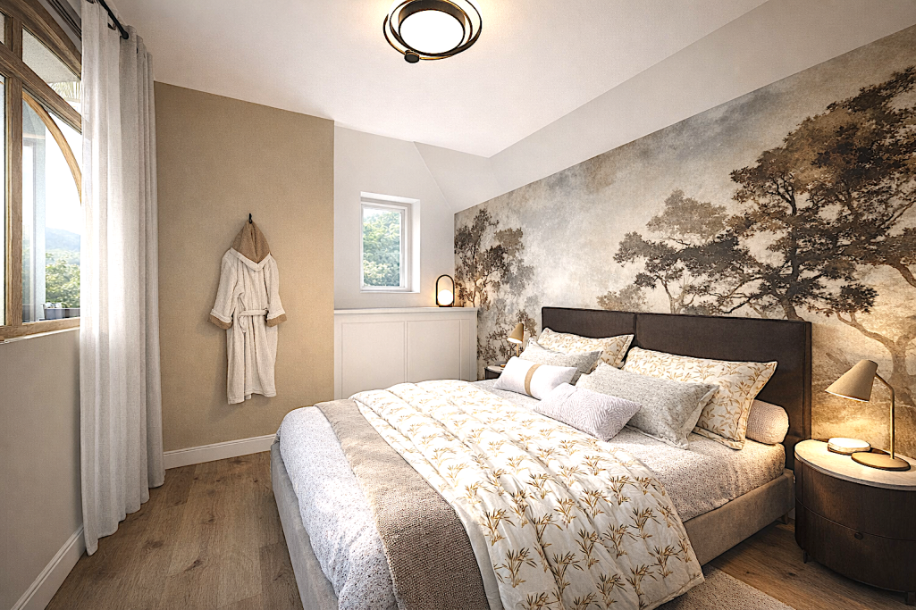 Chambre Buron Cantal Chambre accueillante avec un lit double, une décoration murale et des rideaux clairs.