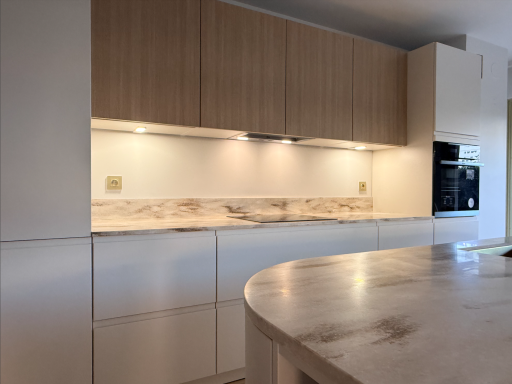 Cuisine moderne avec des meubles en bois clair et un plan de travail en Corian.