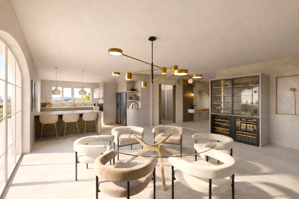 Pièce de vie Mandelieu Intérieur moderne d'une cuisine spacieuse avec mobilier élégant et éclairage design.