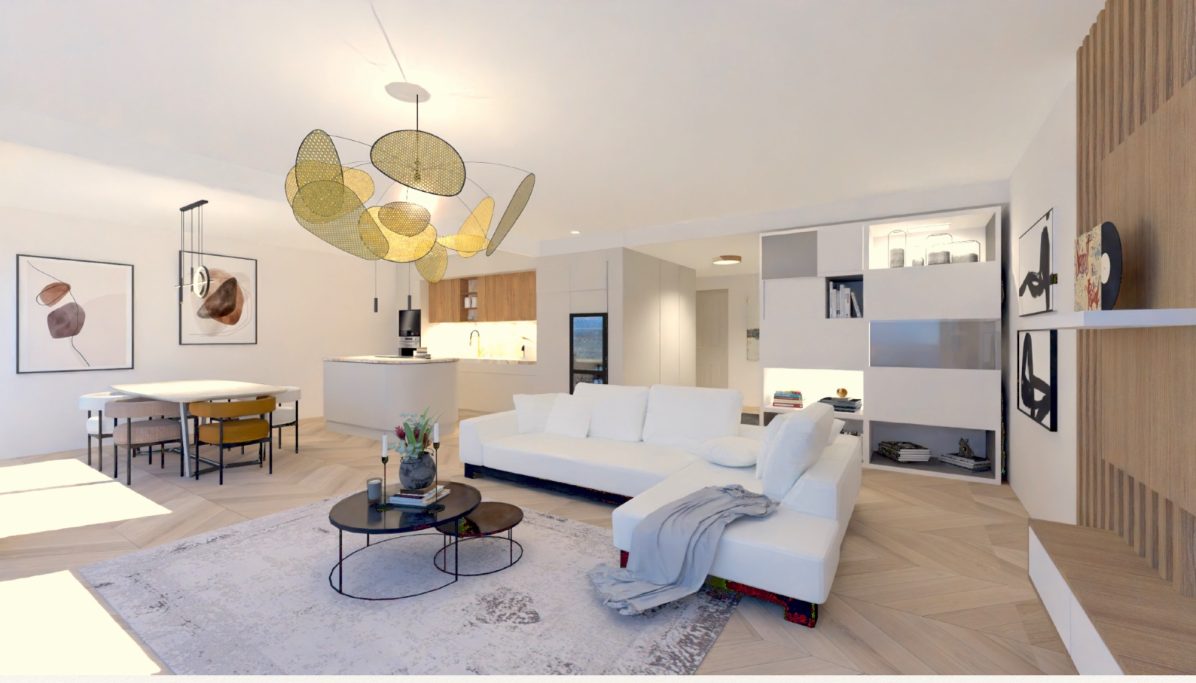 3 pièces, le Président, Cannes Salon moderne avec canapé blanc, table basse, cuisine ouverte et coin repas lumineux.