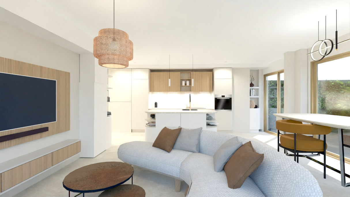 3 pièces Le Wiosna, Cannes Intérieur moderne avec un salon, cuisine ouverte et mobilier élégant.
