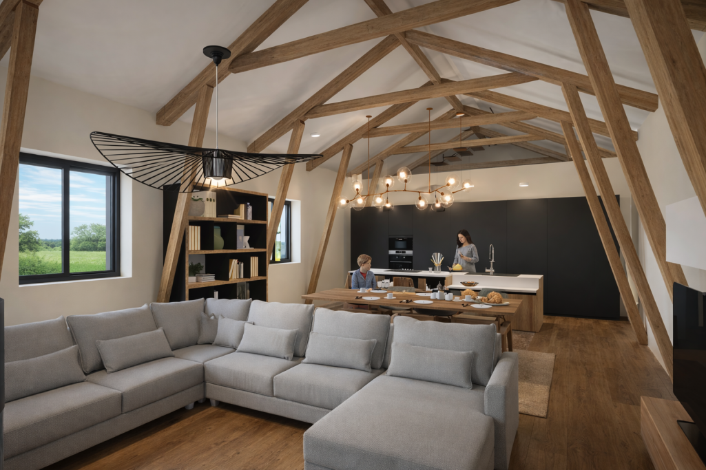 Aménagement de grange dans le Lot Salon moderne avec poutres apparentes, canapé, et cuisine ouverte lumineuse.