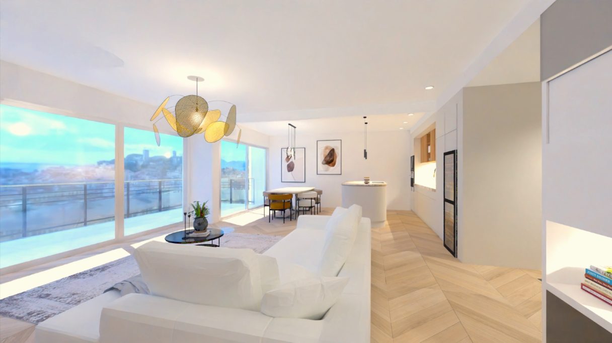 3 pièces, le Président, Cannes Salon moderne lumineux avec de grandes fenêtres et un mobilier contemporain.