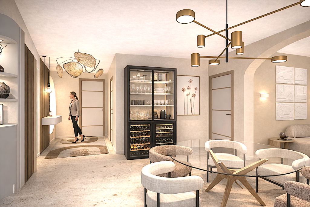 Maison Mandelieu Intérieur moderne et élégant, avec un coin repas et des luminaires contemporains.