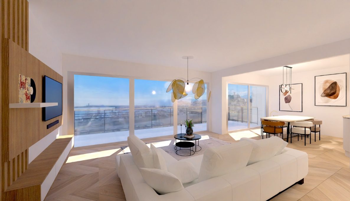 3 pièces, le Président, Cannes Intérieur lumineux d'un salon moderne avec canapés blancs et grandes fenêtres donnant sur la vue.