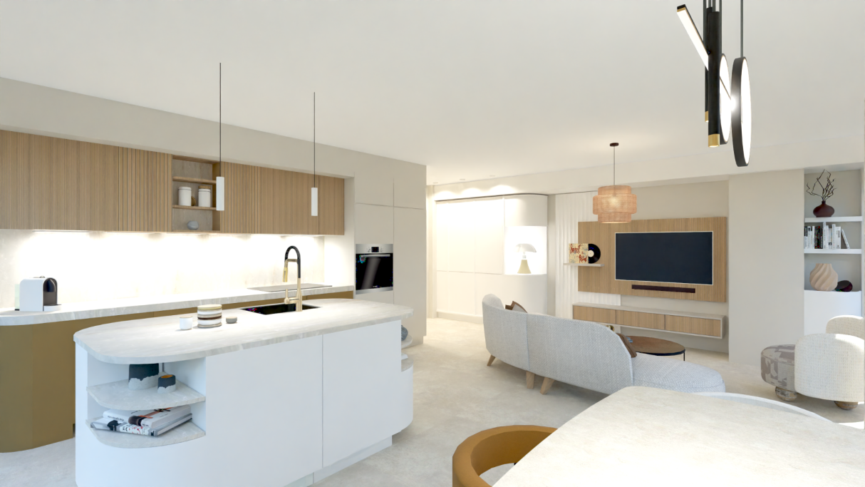 3 pièces Le Wiosna, Cannes Cuisine moderne avec un salon ouvert, mobilier épuré et éclairage chaleureux.
