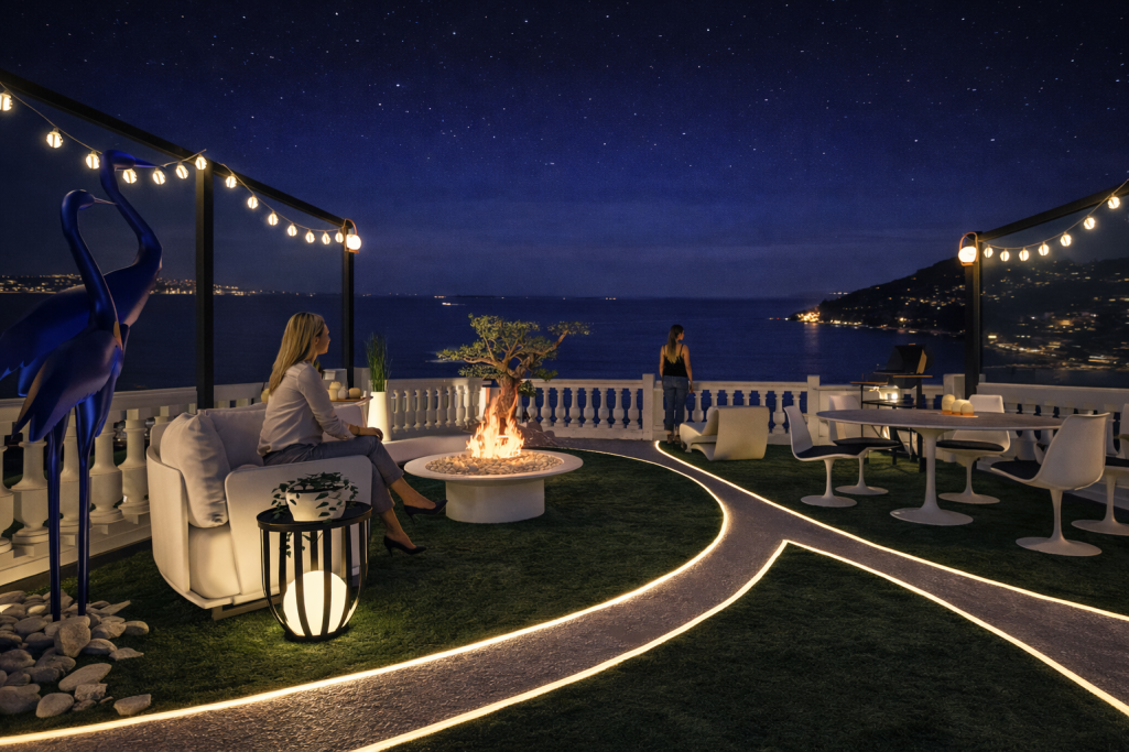 Terrasse Théoule Terrasse élégante au bord de l'eau, éclairée par des guirlandes lumineuses.