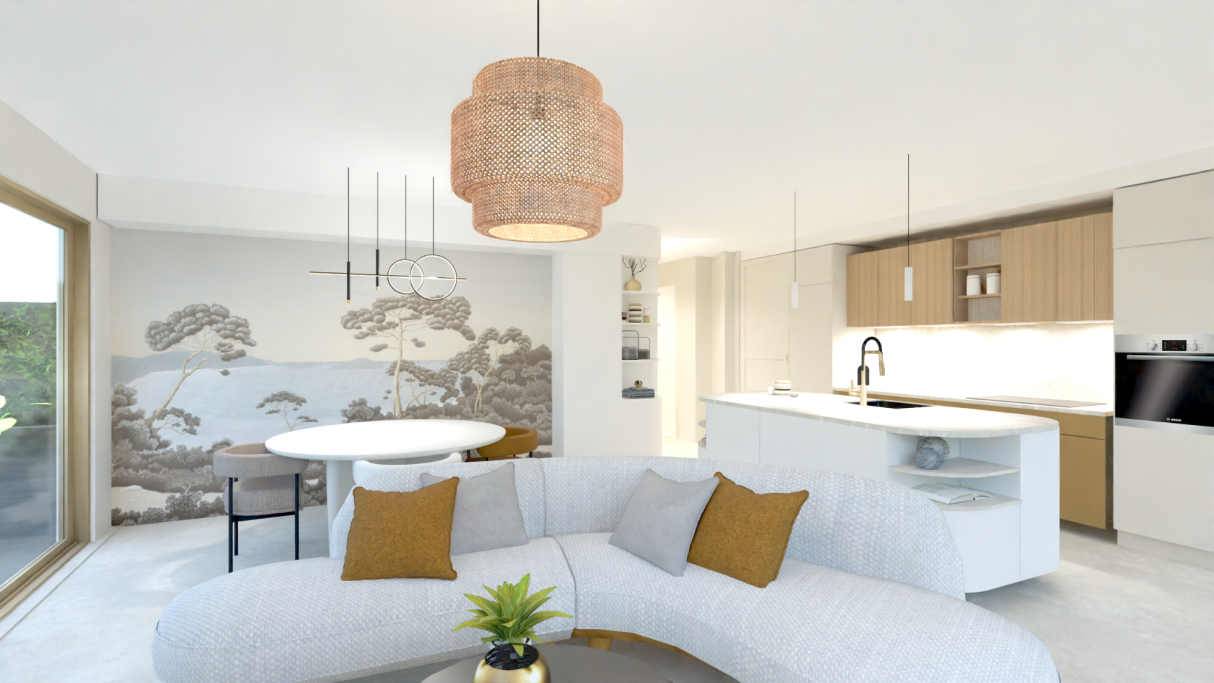 3 pièces Le Wiosna, Cannes Intérieur moderne avec un canapé blanc, une table ronde et un luminaire en osier.