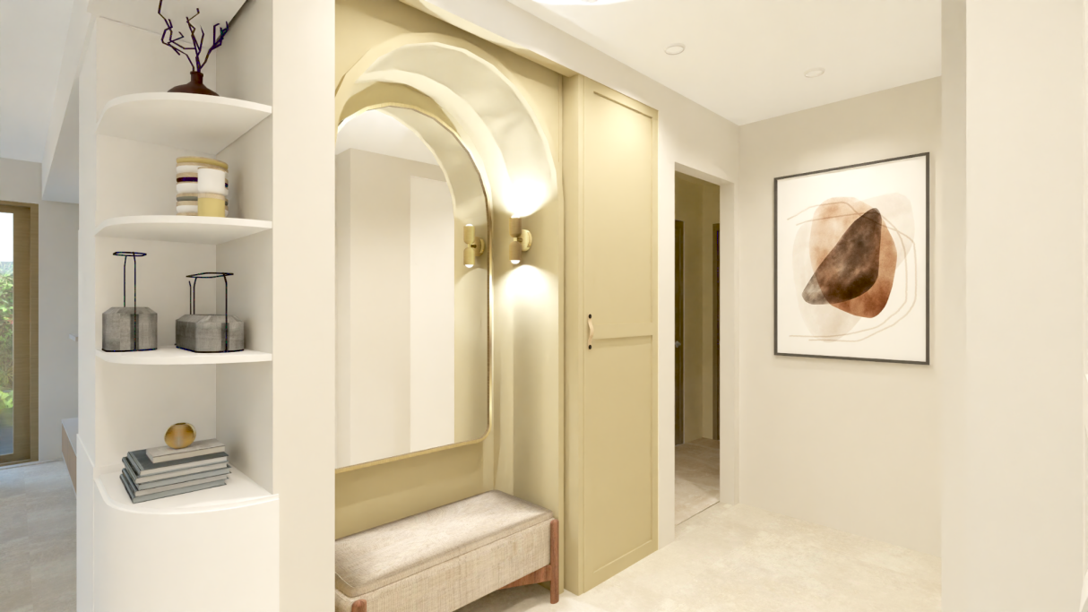 Entrée cosy 3 pièces Cannes Intérieur moderne avec un hall lumineux, une banquette et un cadre mural artistique.