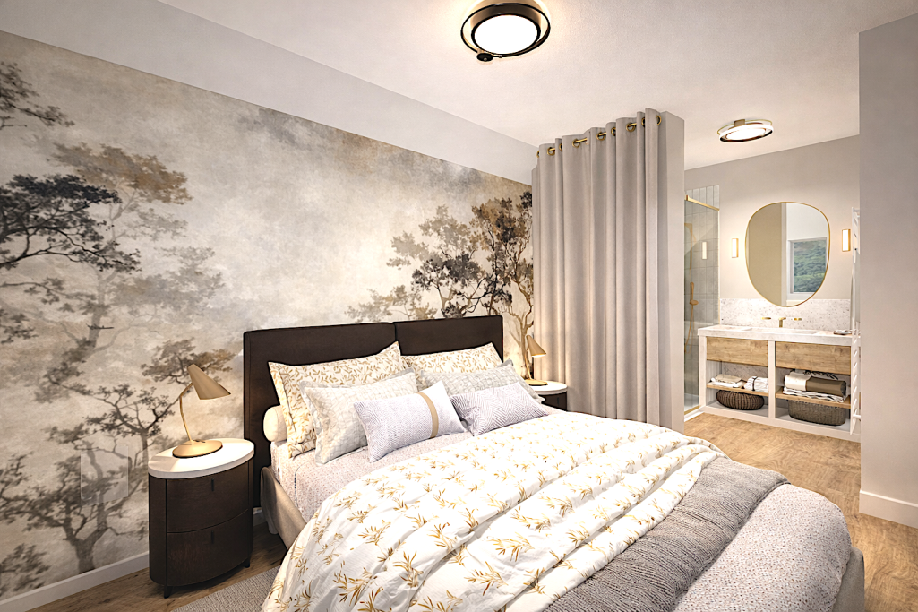 Chambre Buron Cantal Chambre moderne avec un lit, des rideaux, et des murs décorés de motifs naturels.
