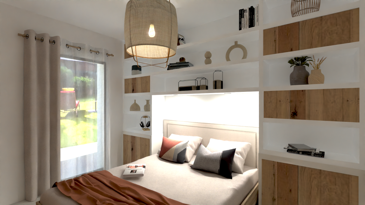 Chambre parentale Parc Montrose, Cannes Chambre moderne avec lit, rangement en bois, et lumière naturelle. Décoration minimaliste.