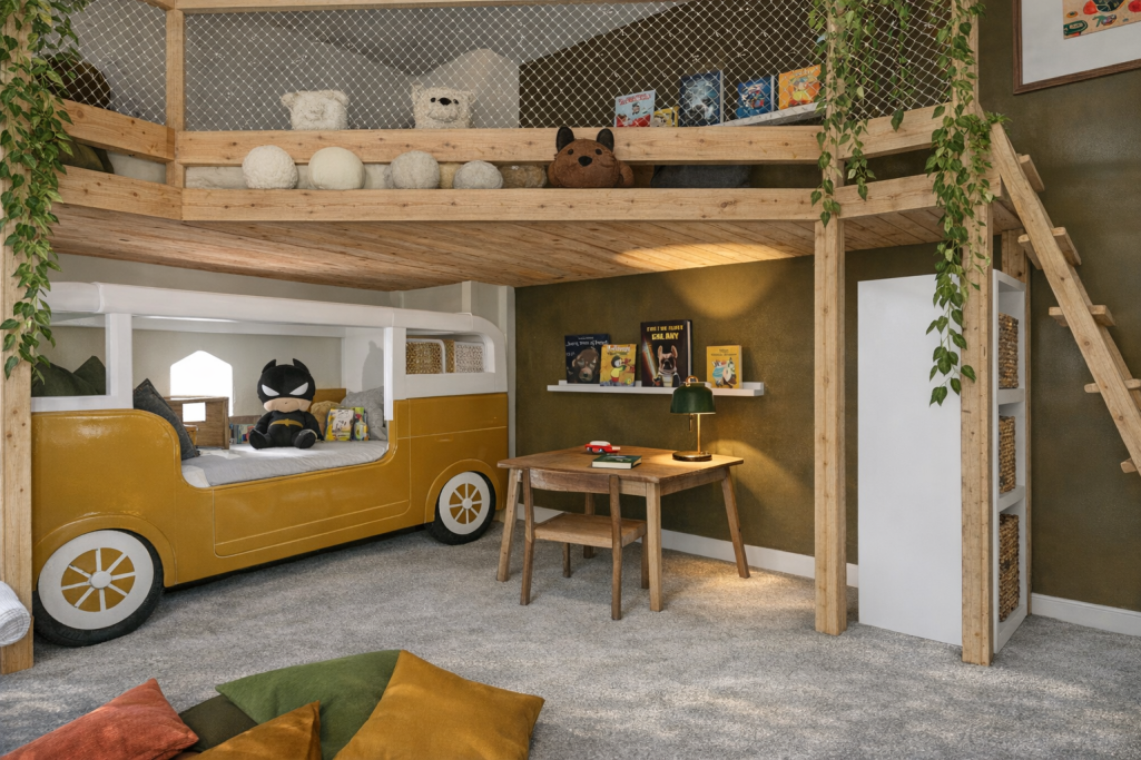 Chambre enfant Parc Montrose,Cannes Intérieur d'une pièce avec un lit en hauteur, une voiture décorative et une table en bois.