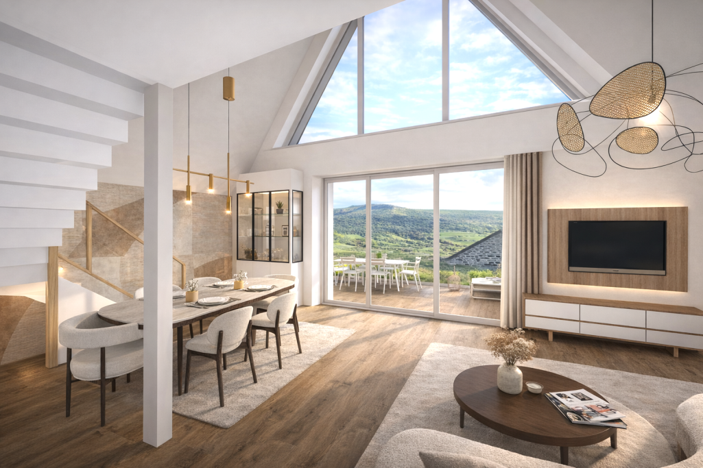 Buron dans le Cantal Intérieur moderne avec salon, salle à manger, et vue sur la nature à travers de grandes fenêtres.