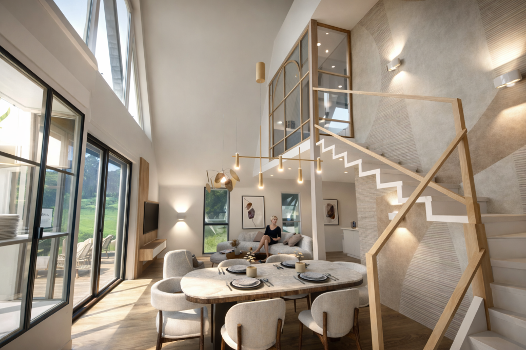 Buron dans le Cantal Intérieur moderne d'une maison avec salle à manger, cuisine et escalier lumineux.